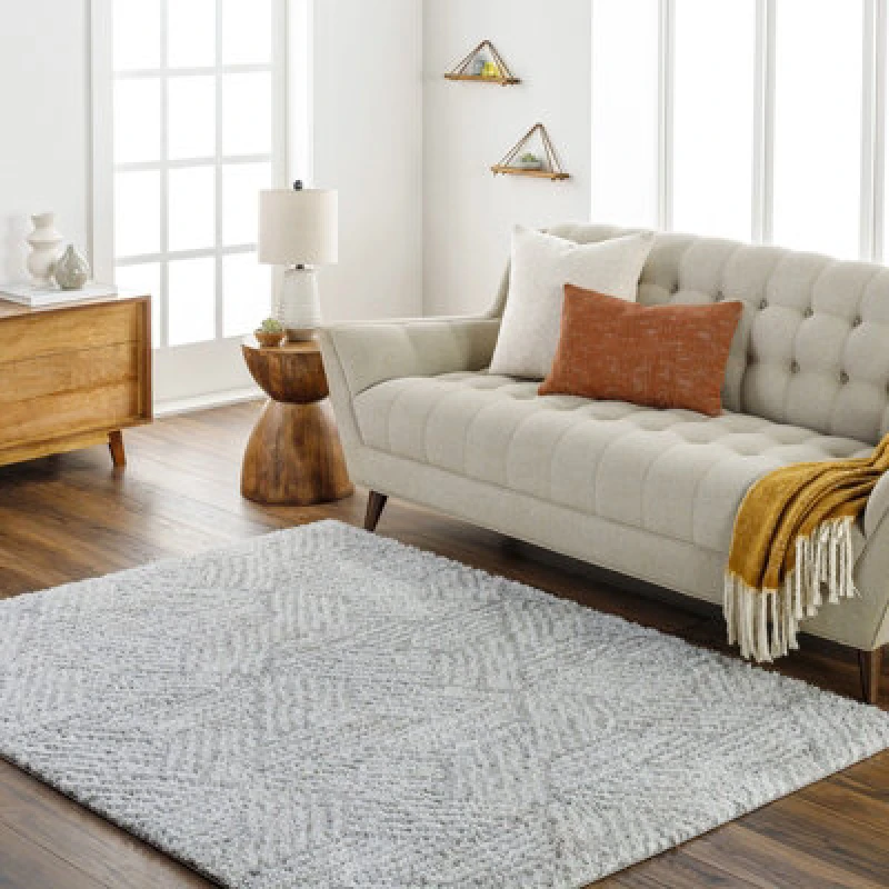 Image of Livabliss Shaggy Geometric Plush Pile Light Grey Allie Area Rug 160 X 213cm - Easy Care, Non Shedding, Ideal For Living Room & Bedroom