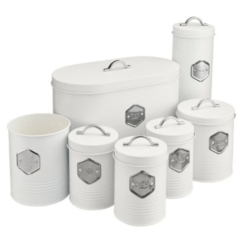 Image of Cooks Professional 7Pc Tea Coffee Sugar Bread Biscuit Pasta & Utensil Cannister Set - Labelled Kitchen Storage Tins - White/silver