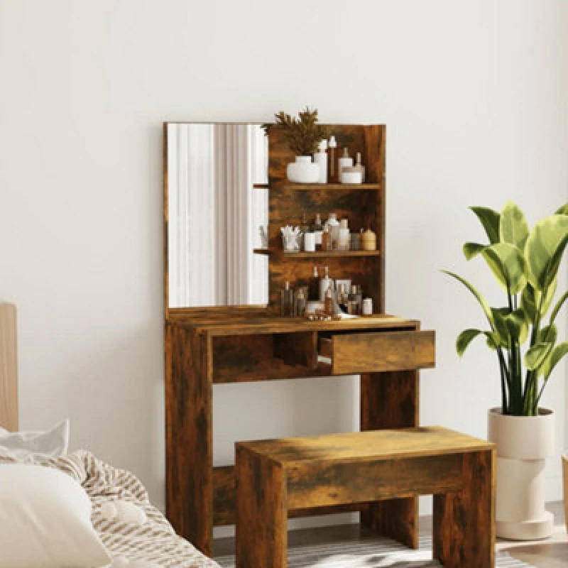 Image of Vidaxl Dressing Table With Mirror Smoked Oak 74.5X40X141 Cm, Brown 820490