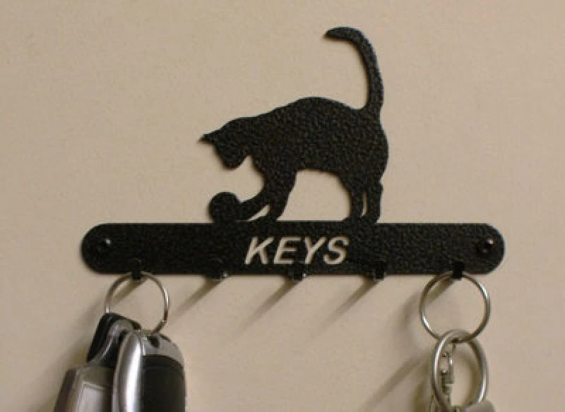 Image of Cat And Ball Key Holder - Rack - Solid Steel - W15 X H9cm - Black