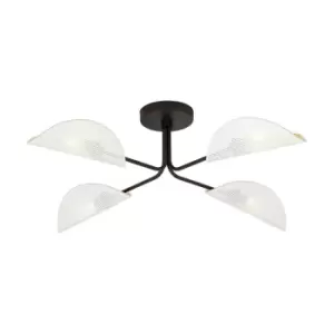 Image of Gomez Black Multi Arm Semi Flush Ceiling light with White,Gold Fabric Shades, 4x E14