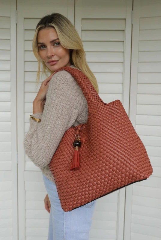 Image of Luella Grey Womens 'Saskia' Tuscan Blush Large Woven Tote in Rose Rose Female