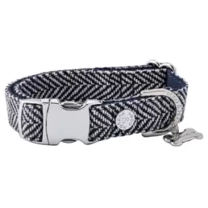 image of Hugo & Hudson Herringbone Tweed Metal Buckle Dog Collar Navy