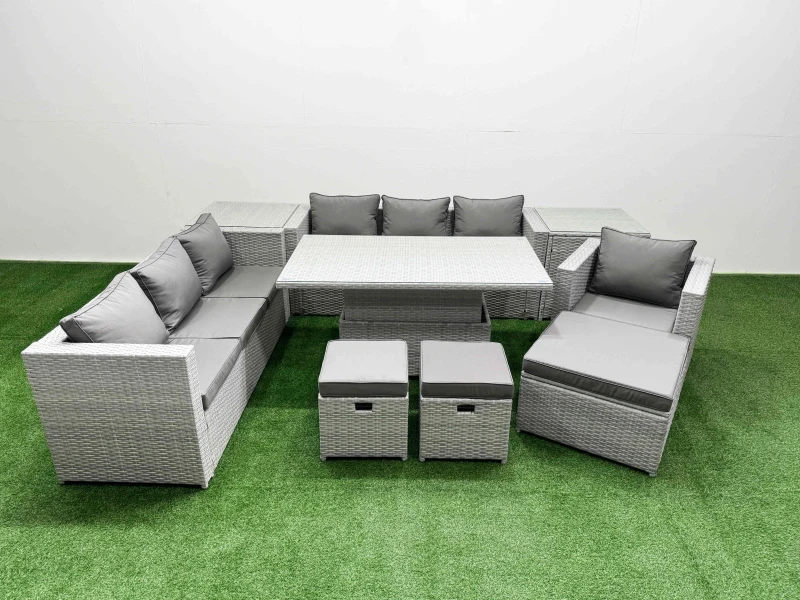 Image of Fimous 8 Pcs Rising Dining Table Set Rattan Furniture Set With 3 Seater Sofa Chair 3 Footstools 2 Side Tables Light Grey