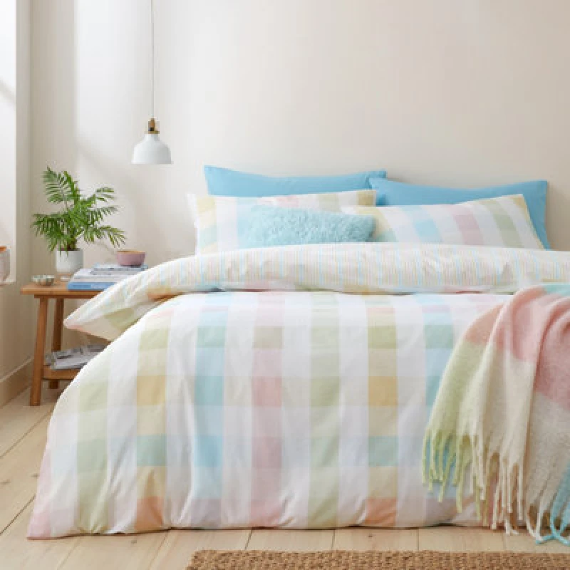 Image of Catherine Lansfield 'Spring Check' Reversible Duvet Cover Set Multi