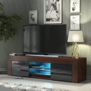 image of TV Unit 130cm Cabinet TV Stand High Gloss Doors - Walnut&Black