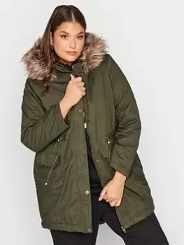 Image of Yours Faux Fur Trim Hooded Parka - Khaki, Green, Size 16, Women