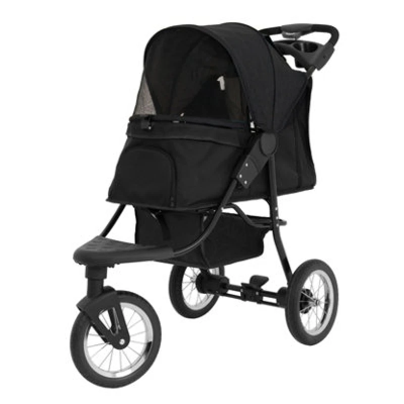 Image of MonsterShop Foldable Pet Jogger Black Travel Stroller Small Medium Dog Cat Pushchair