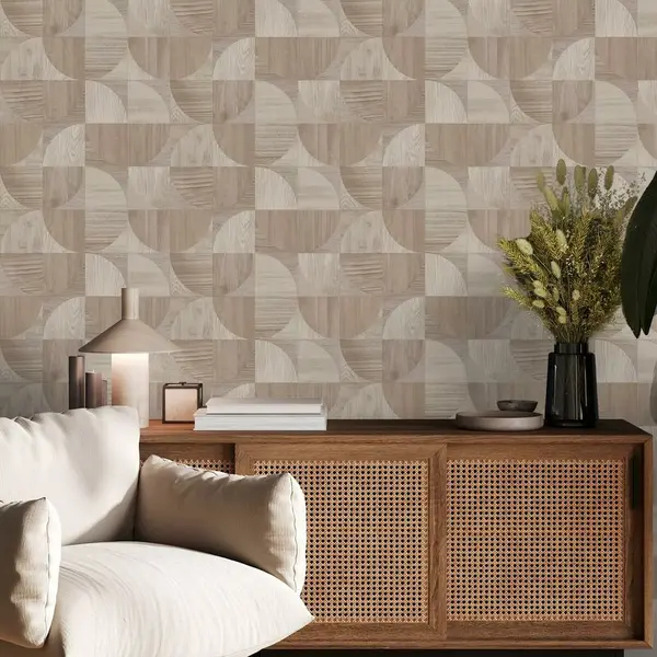 image of Sublime - Wood Round Shapes Geometric Natural Wallpaper - White