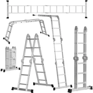 image of DURHAND 3.4M Multi Purpose Telescoping Ladder w/ 2 Safety Platforms, 12 Steps - Silver