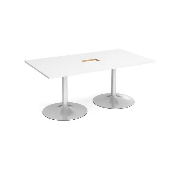 image of Silver Trumpet Base Rectangular Boardroom Table with Power Module Cut Out 1800mm - White