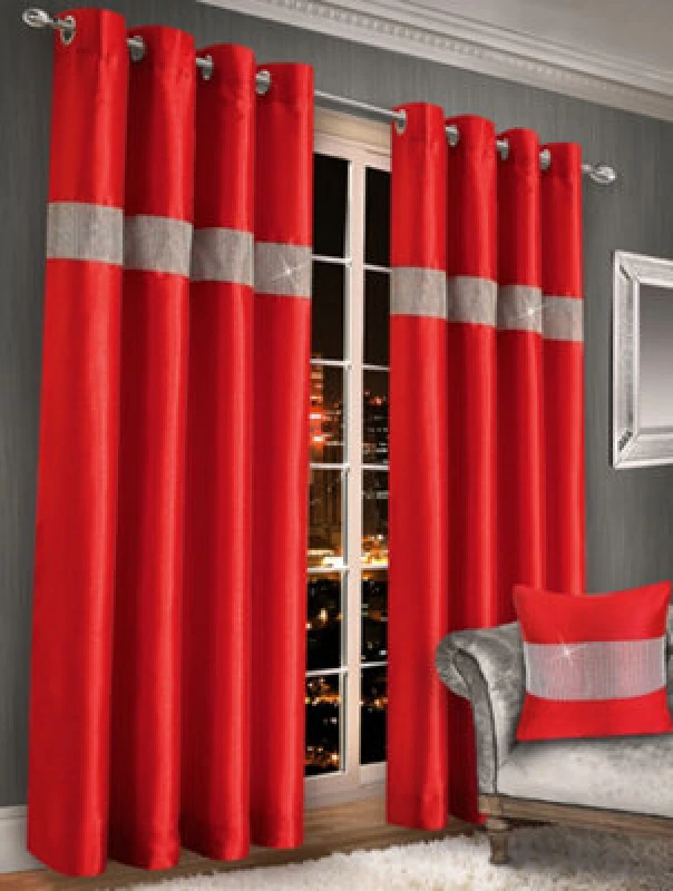 Image of Intimates Elegant Faux Silk Curtains With Diamante Panel, Ring Top Style, Machine Cold Washable, Chic Window Coverings - Red