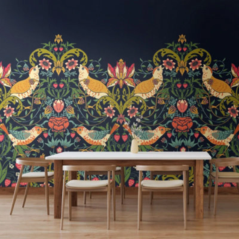 Image of Origin Murals Birds, Fruit And Foliage - Navy And Coral Matt Smooth Paste The Wall Mural 300Cm Wide X 240Cm High