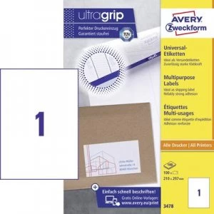 Image of Avery-Zweckform 3478 Labels 210 x 297mm Paper White 100 pcs Permanent All-purpose labels Inkjet, Laser, Copier 100 Sheet A4
