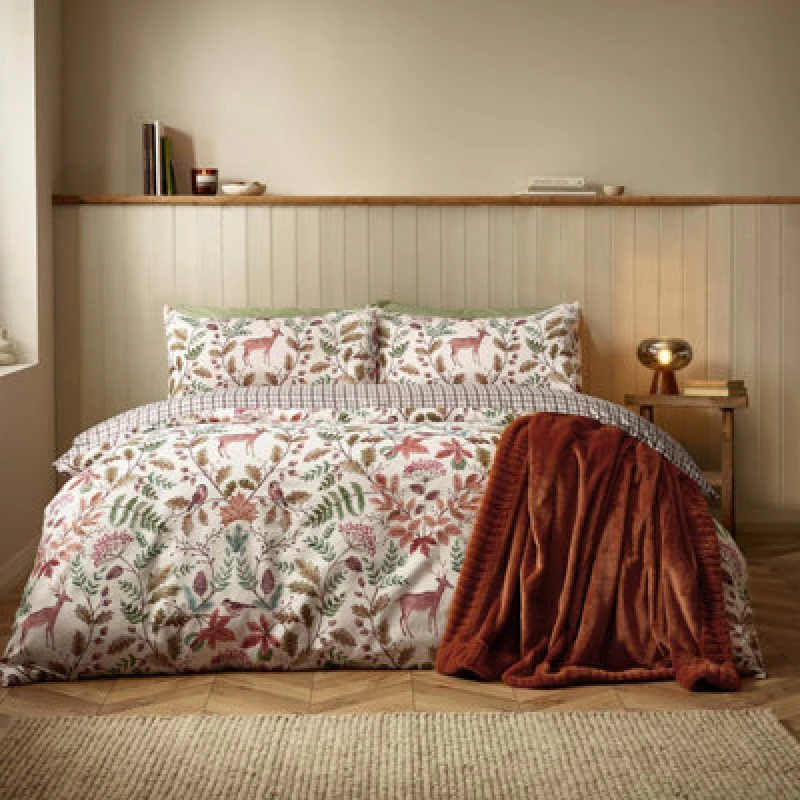 Image of Catherine Lansfield Woodland Stag So Soft Reversible Double Duvet Cover Set With Pillowcases Cream