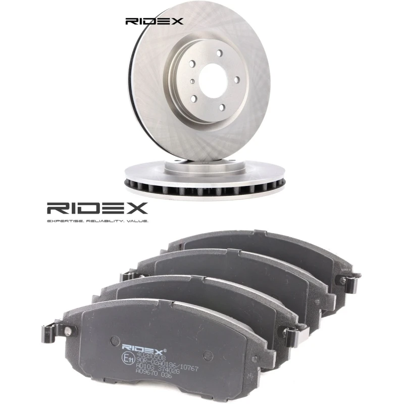Image of RIDEX 3405B2809 Brake disc and pads set Front Axle, Brake Disc Type: internally vented, with acoustic wear warning Brake Set,disc brakes (3405)