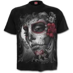 Image of Skull Roses Mens Large Front Print T-Shirt - Black