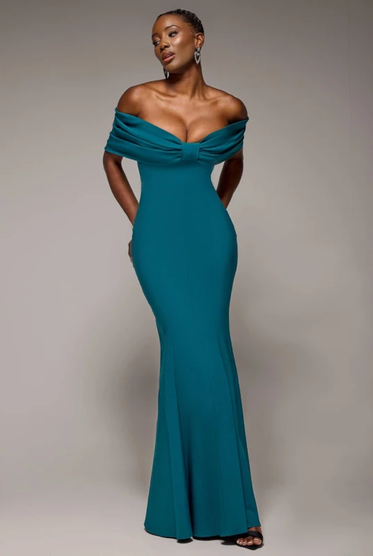 Image of Goddiva Womens Bardot Bow Neck Maxi Dress in Emerald Size: 10 Emerald Female 10