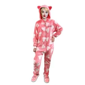 Image of DC Comics Harley Quinn Birds of Prey Cosy Heart Pattern Pink Jumpsuit Onesie Loungewear Adult One Size