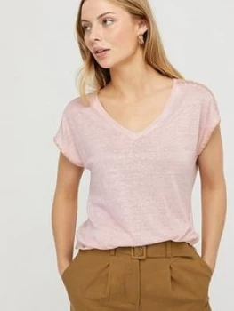 image of Monsoon Liza Stitch Detail Linen T-Shirt - Blush Pink