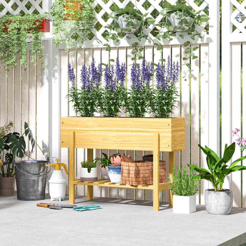 Image of Outsunny Wooden Raised Bed w/ Bed Liner - Storage Shelf - Natural wood finish TJ Hughes 5063603277465