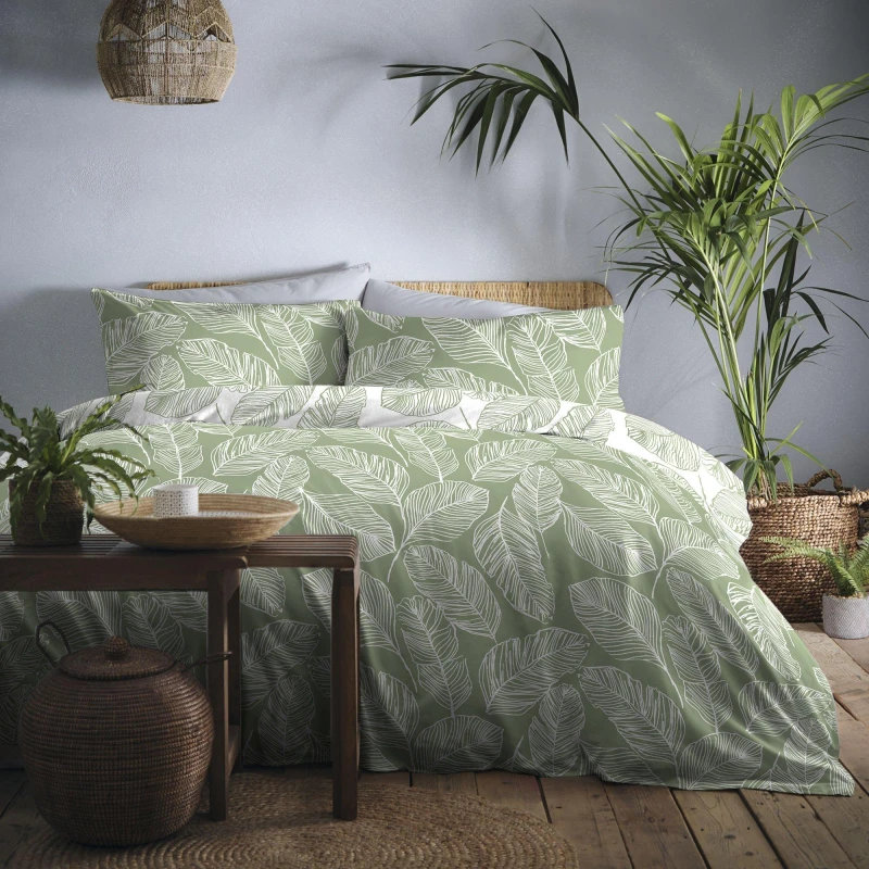 Image of Fusion Matteo Leaf Print Duvet Cover Set in Green Green unisex Super King