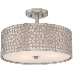 Image of Loops - 3 Bulb Semi Flush Light Metal Chips Off White Linen Shade Silver LED E27 100W