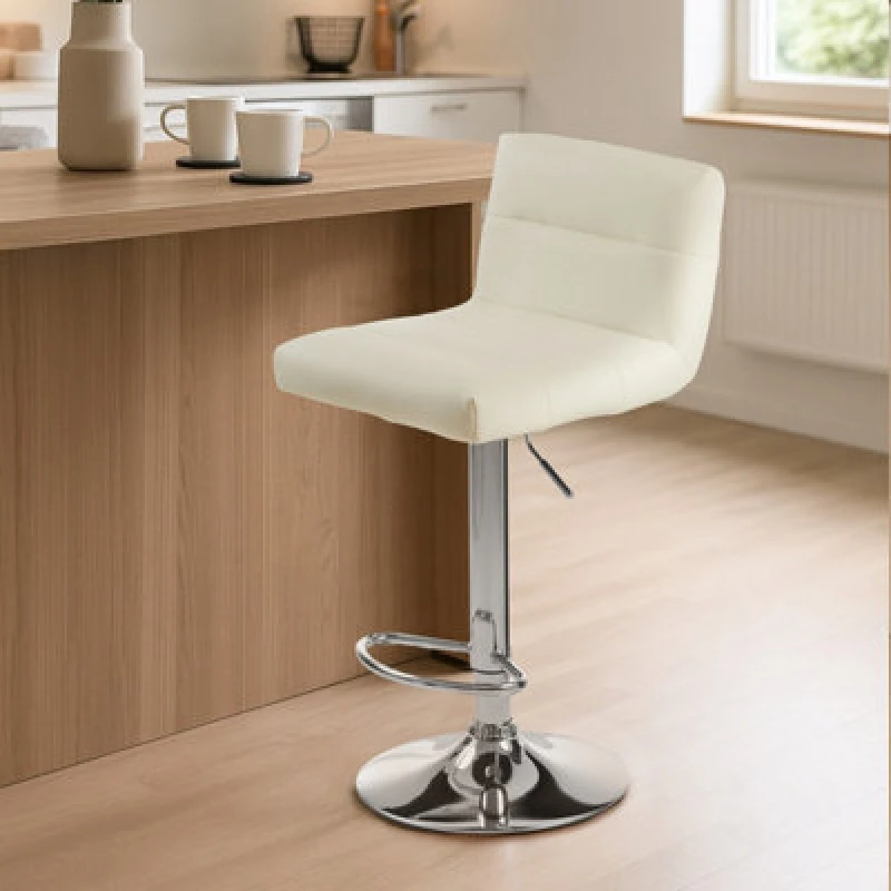 Image of Premier Housewares Interiors By Premier Adjustable Height Seat Bar Stool With Chrome Base, Comfortable Bar Chair, Sleek Modern Bar Stool White