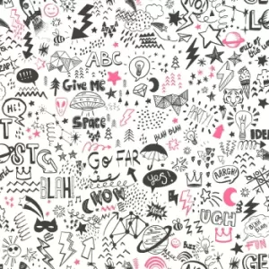 Image of Holden Doodle White and Neon Pink Childrens Wallpaper