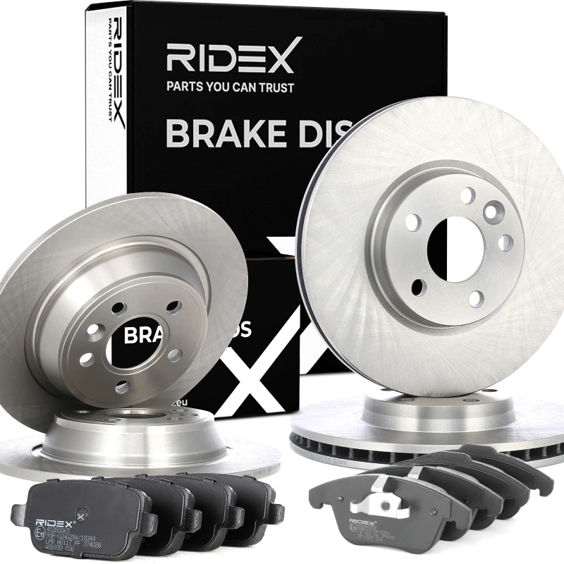 Image of RIDEX 3405B0508 Brake disc and pads set Rear Axle, Brake Disc Type: Solid, not prepared for wear warning indicator, with anti-squeak plate Brake Set,