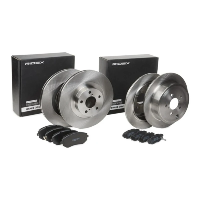 Image of RIDEX 3405B1679 Brake disc and pads set Rear Axle, Brake Disc Type: Solid, with acoustic wear warning Brake Set,disc brakes (3405)