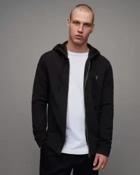 Image of AllSaints Mens Slim Fit Raven Zip Hoodie, Black, Size: L