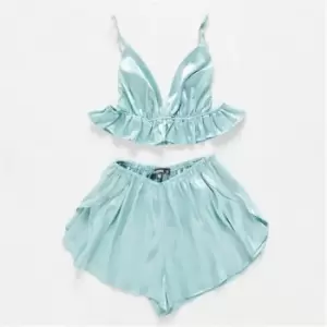 image of Missguided Stripe Satin Bralet and Shorts Pyjama Set - Blue