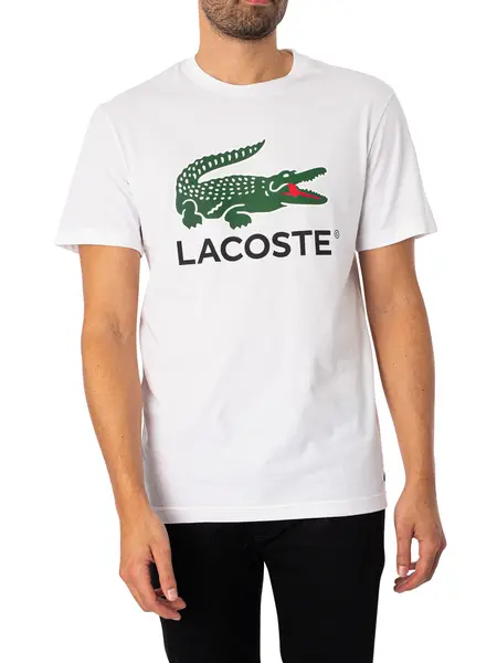 Image of Lacoste White Cotton Jersey Signature Print T-Shirt