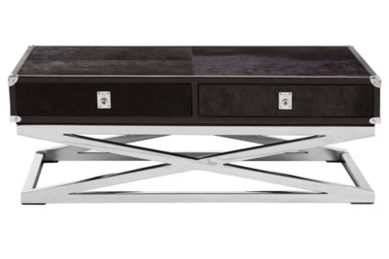 Image of Orsina Black Leather Coffee Table, Steel Legs With Metallic Clasp Accents, 2 Drawer Storage Living Room Table