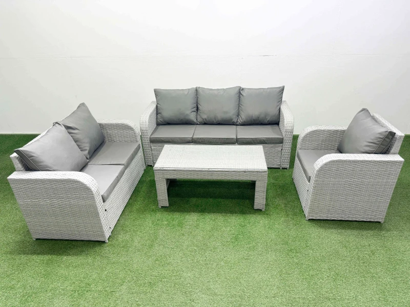 Image of Fimous Patio PE Wicker 6 Seater Outdoor Rattan Furniture Sofa Sets with Oblong Coffee Table Reclining Chair Loveseat Sofa 3 Seater Sofa Light Grey Lig