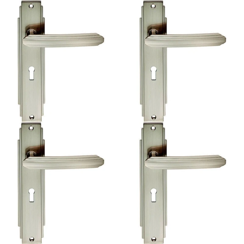 Image of Loops 4x PAIR Line Detailed Handle on Lock Backplate 205 x 45mm Satin Nickel Metallics