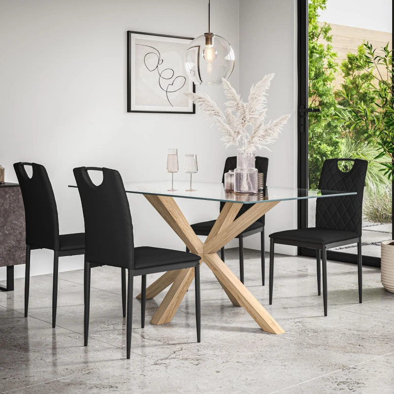 Image of More4Homes Etta Glass Dining Table And Chairs - Glass Top W Solid Oak Legs + Monza Faux Leather Dining Chair Set Of 4 (Black)