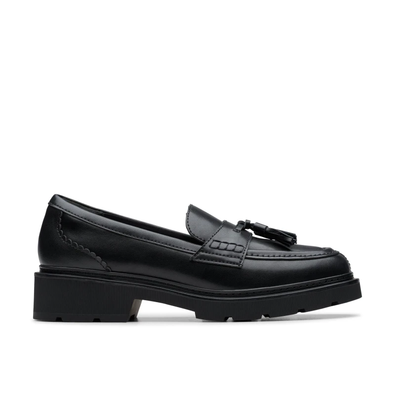 Image of Clarks Clarks Women Lauryl Tassel Black Leather Trouser Shoes,Slip Ons,Loafers Size: 3-Wide Fit Black 3-Wide Fit Female 5063421403947