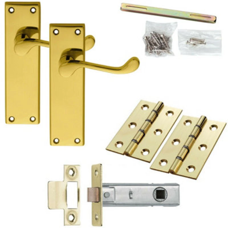 Image of Loops Door Handle & Latch Pack Brass Victorian Scroll Curved Lever Tall Backplate Metallics