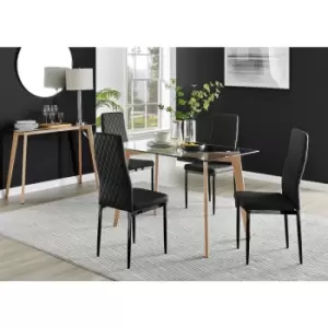 Image of Furniturebox UK - Furniturebox Malmo Rectangular Glass and Wooden Leg Modern Industrial Dining Table & 4 Black Milan Black Leg Faux Leather Chairs