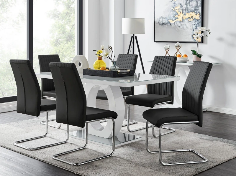Image of FurnitureboxUK FurnitureboxUK Giovani 6-Seater Grey Glass Dining Table and 6 Lorenzo Faux Leather Dining Chairs in Black One Size Unisex 5056542