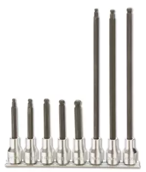 image of Beta Tools 920BP/SB8 8pc 1/2" Sq Drive Ball Head Hex Bit Socket Driver Rail Set