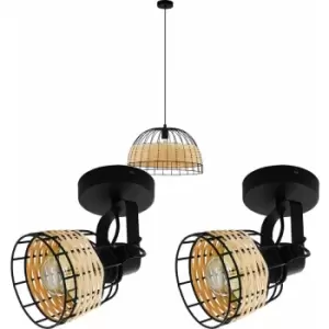 Image of Ceiling Pendant Light & 2x Matching Wall Lights Black & Wicker Wood Shade