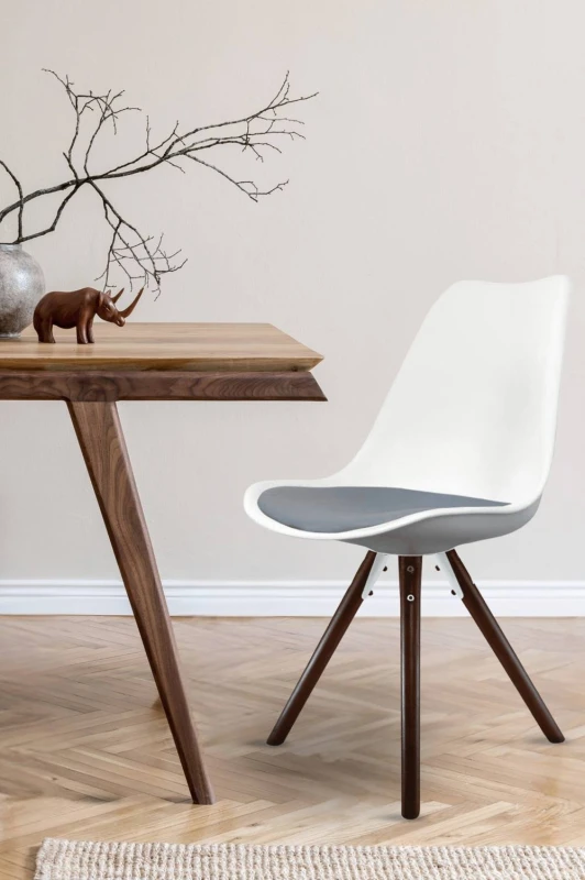 Image of Fusion Living Soho Plastic Dining Chair with Pyramid Dark Wood Legs Dark Grey