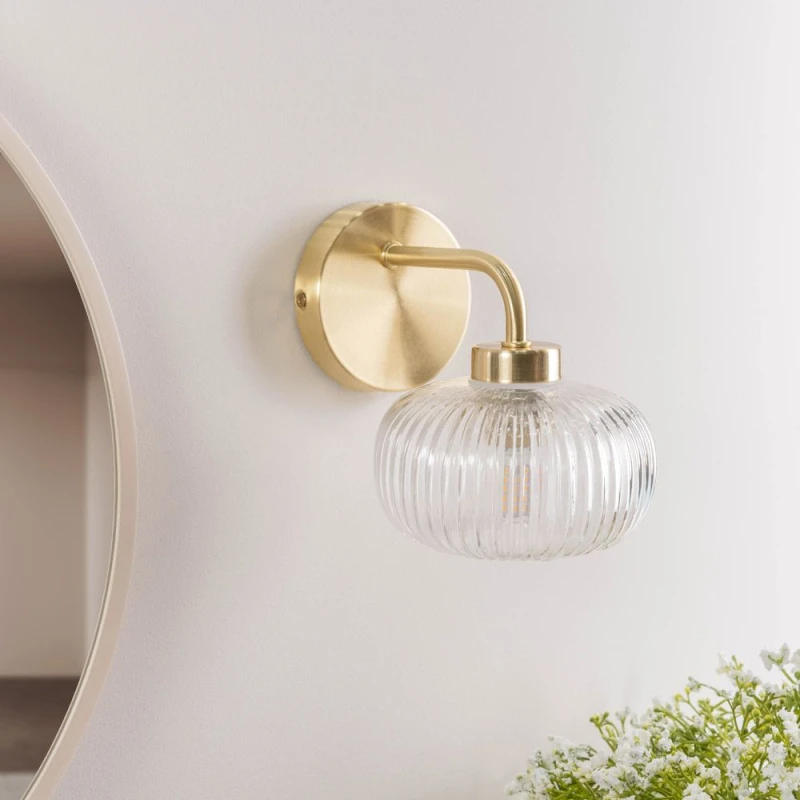 Image of ValueLights ValueLights Amaia Pair of Brushed Gold IP44 Rated Single Clear Ribbed Glass Wall Lights Gold One Size Unisex 5059406041426