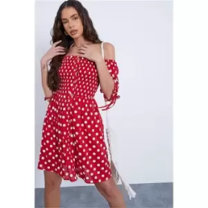 Image of I Saw It First Woven Polka Dot Shirred Square Neck Puff Sleeve Smock Dress - Red