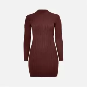 image of Missguided Recycled Plus Size High Neck Rib Knit Mini Dress - Brown