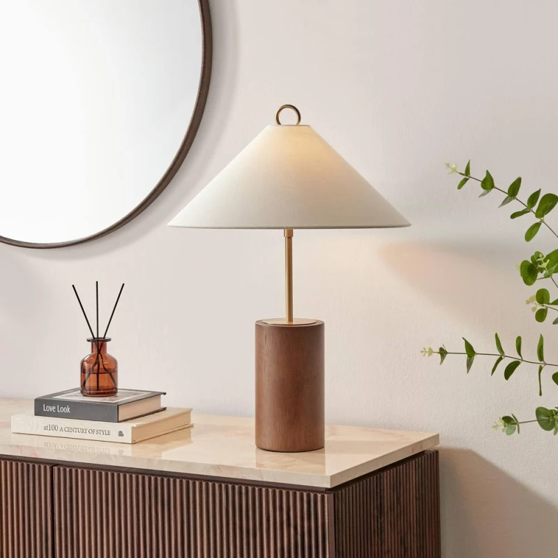 Image of FurnitureboxUK Theo White & Wood Table Lamp in Walnut Walnut Unisex