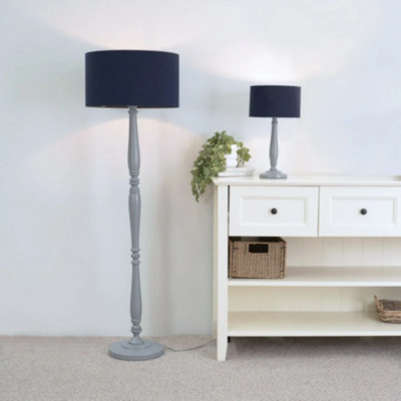 Image of ValueLights Victoria Grey Wood Traditional Table Lamp with Fabric Drum Shade and LED Bulb Navy